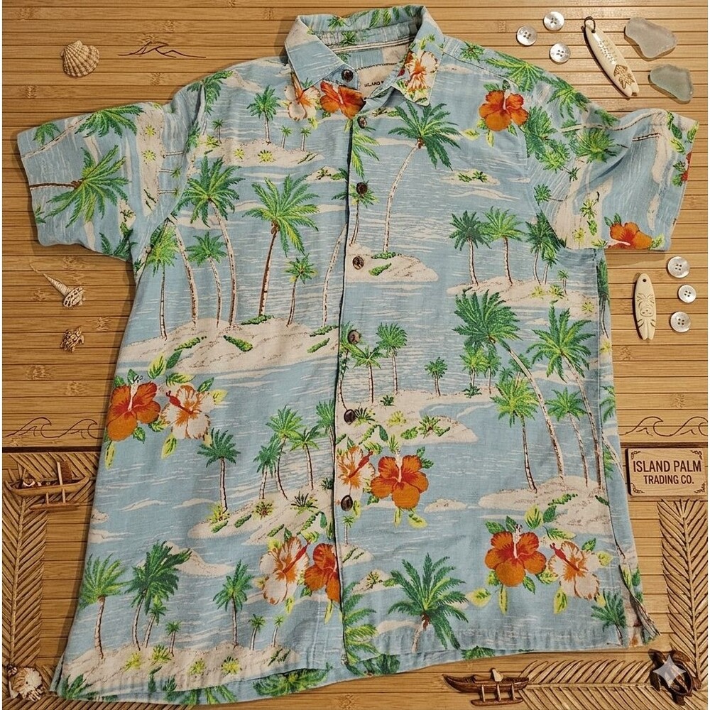 Island Republic Silk Hawaiian Shirt Medium Blue Palm Trees Hibiscus Island Beach